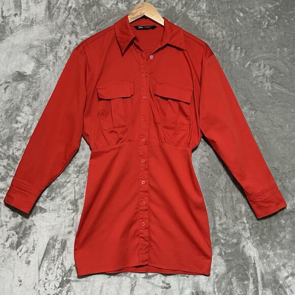 Zara Dresses & Skirts - Zara Poplin Cargo Pocket Button Front Mini Dress Womens Sz XS‎ Orange Red Preppy
